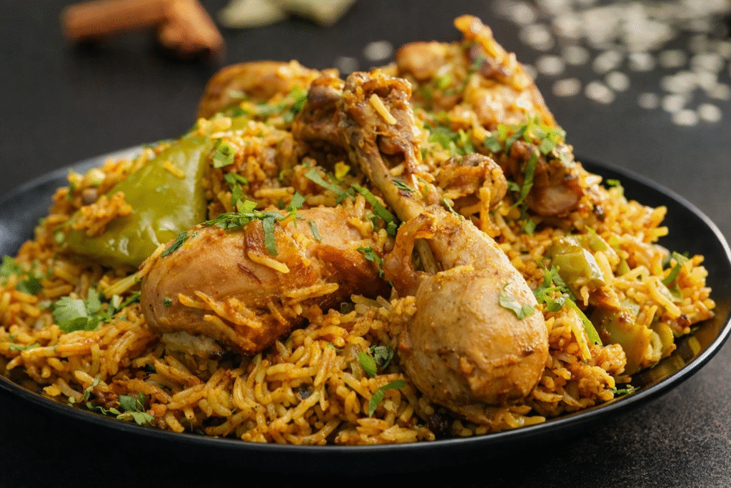 chicken biryani served with aromatic basmati rice and tender chicken pieces