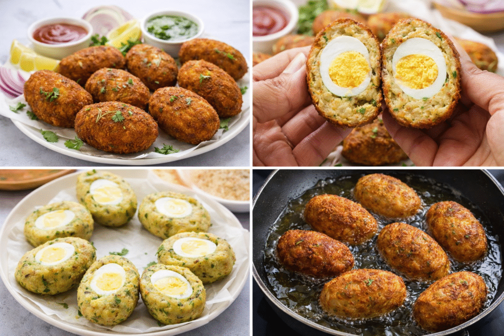 Bengali style egg kabab with boiled egg filling, crispy fried egg kababs served with chutney and sauce