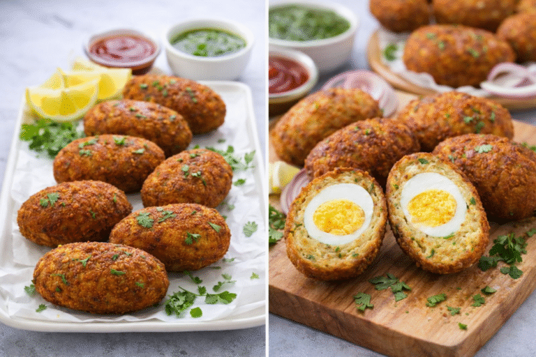 Bengali style egg kabab with boiled egg filling, crispy fried egg kababs served with chutney and sauce