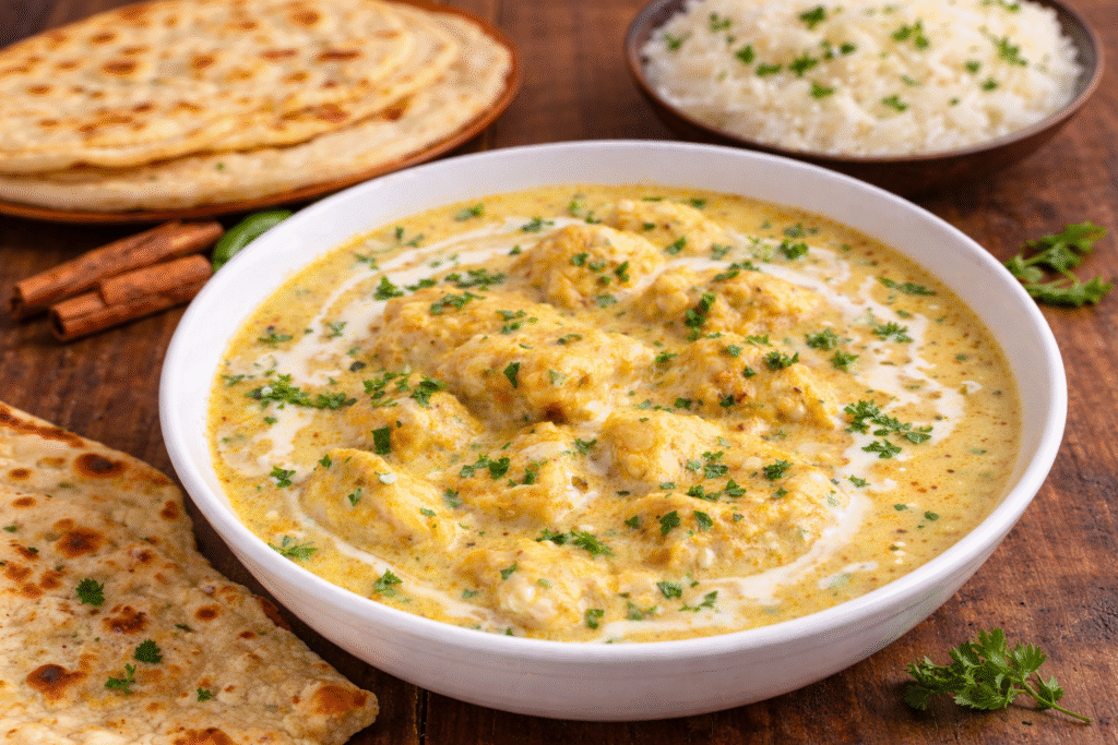 Creamy Indian curry with dumplings, garnished with fresh cilantro, served with naan bread and steamed rice.