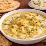 Creamy Indian curry with dumplings, garnished with fresh cilantro, served with naan bread and steamed rice.