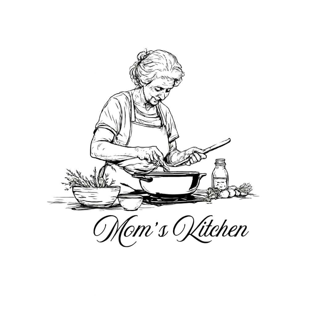 elderly woman cooking beside kitchen ingredients with "mom's kitchen" text